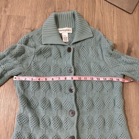Bloomingdale’s 100% Wool Teal Sweater Long Cardigan Buttons Sz PS Chunky Knit - Picture 11 of 13